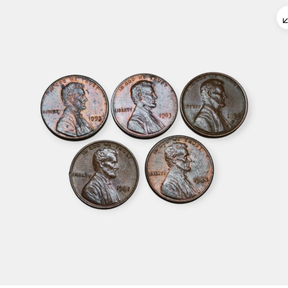 Lincoln Memorial Penny No Mint Mark 1981-82-83-93-& 1972 S- Set of 5 coins